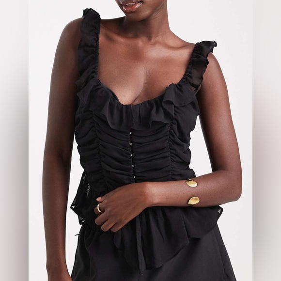 NWT Black Ruffle Ruched Tank Top - Picture 2 of 4